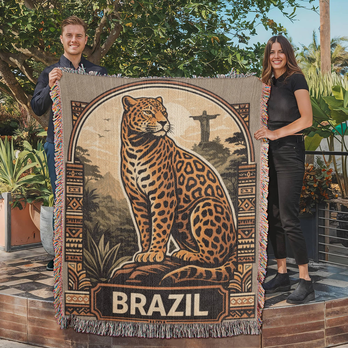Brazil Jaguar Woven Blanket: Vintage Rio Rainforest Throw final