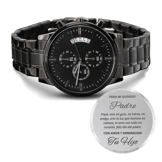 Regalos para papá de hijo detalle original reloj cronógrafo negro con mensaje grabado para hombres idea sentimental para navidad cumpleaños o dia del padre