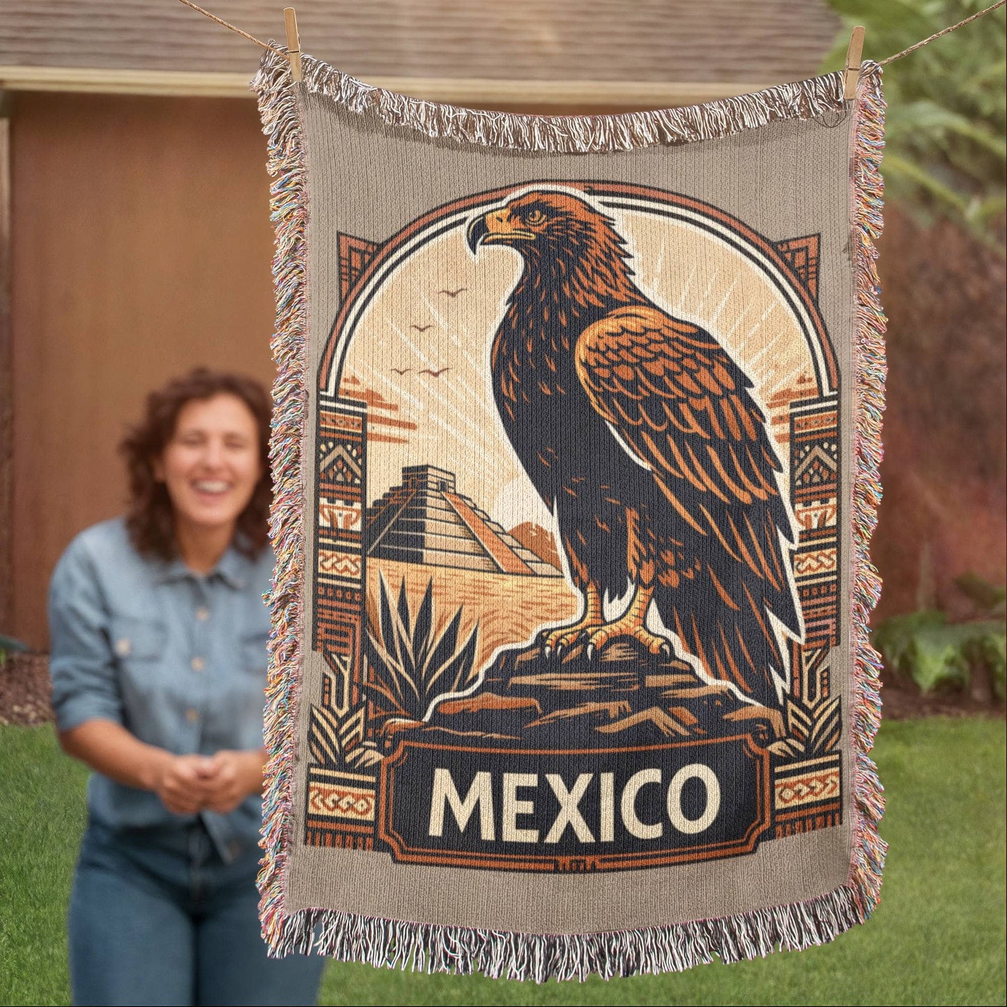 Mexico Travel Golden Eagle Art Teotihuacan Pyramid  Manta De Regalo Tejida Heirloom Woven Blanket Regalo Para Mexicanos