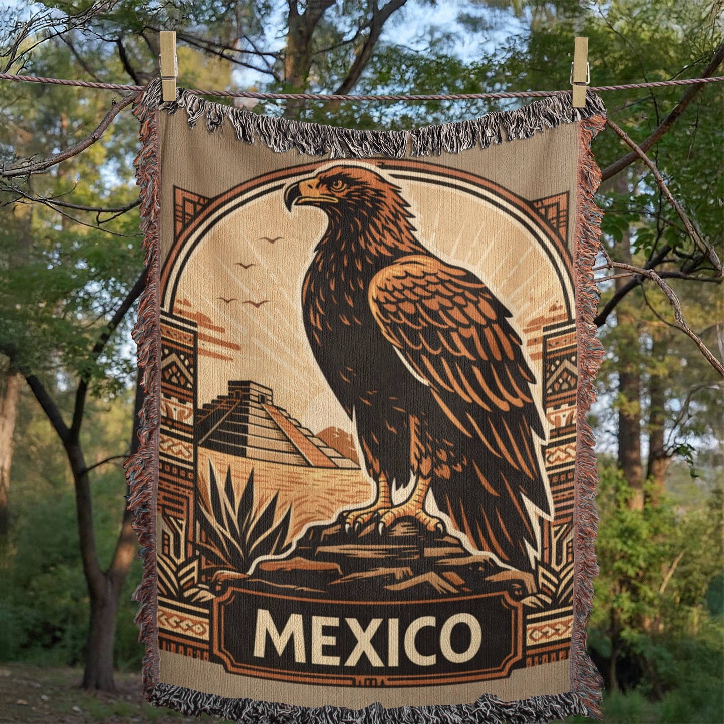 Mexico Travel Golden Eagle Art Teotihuacan Pyramid  Manta De Regalo Tejida Heirloom Woven Blanket Regalo Para Mexicanos
