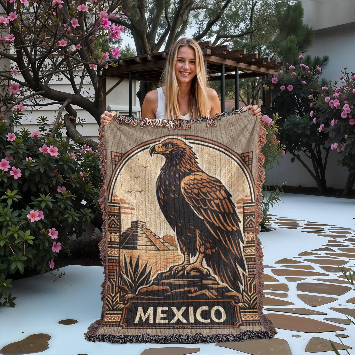 Mexico Travel Golden Eagle Art Teotihuacan Pyramid  Manta De Regalo Tejida Heirloom Woven Blanket Regalo Para Mexicanos