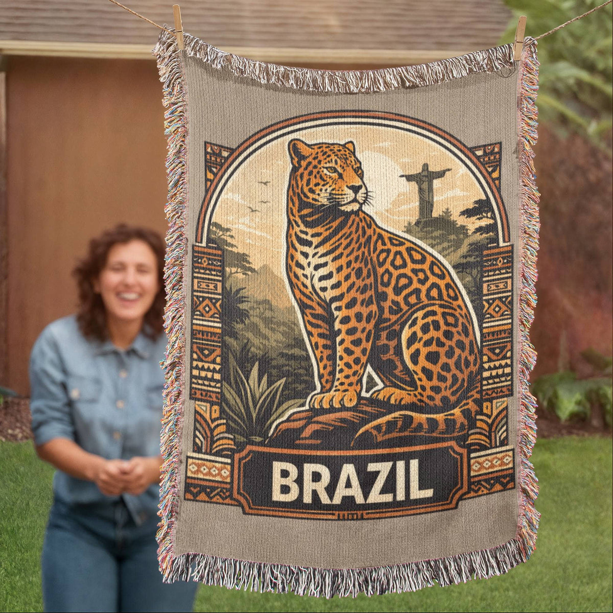 Brazil Jaguar Woven Blanket: Vintage Rio Rainforest Throw final