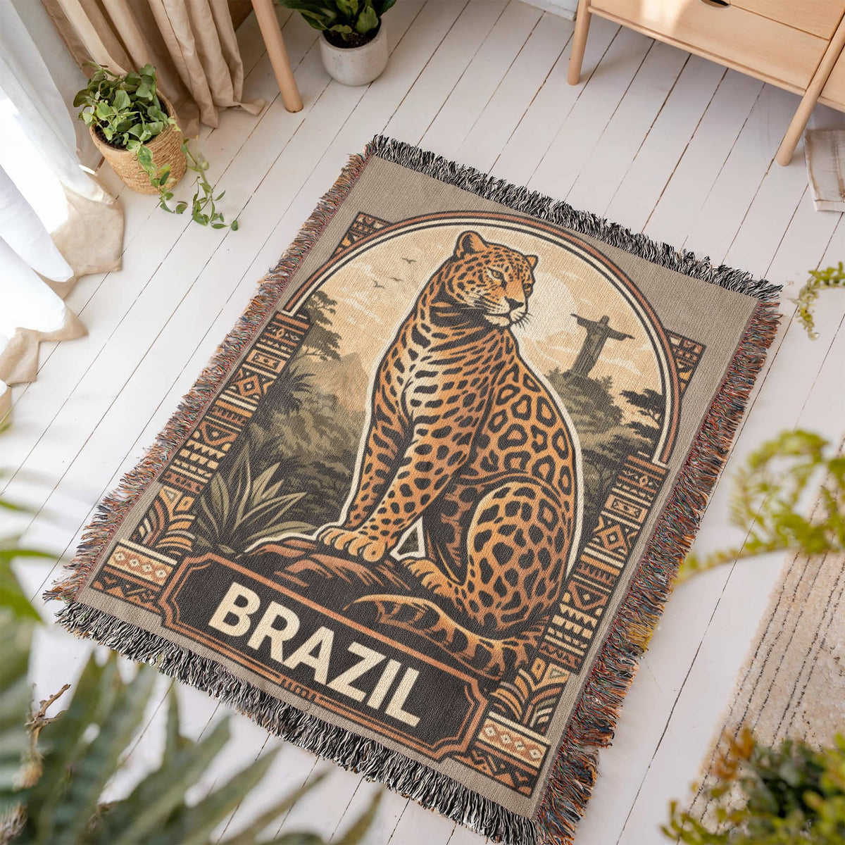 Brazil Jaguar Woven Blanket: Vintage Rio Rainforest Throw final