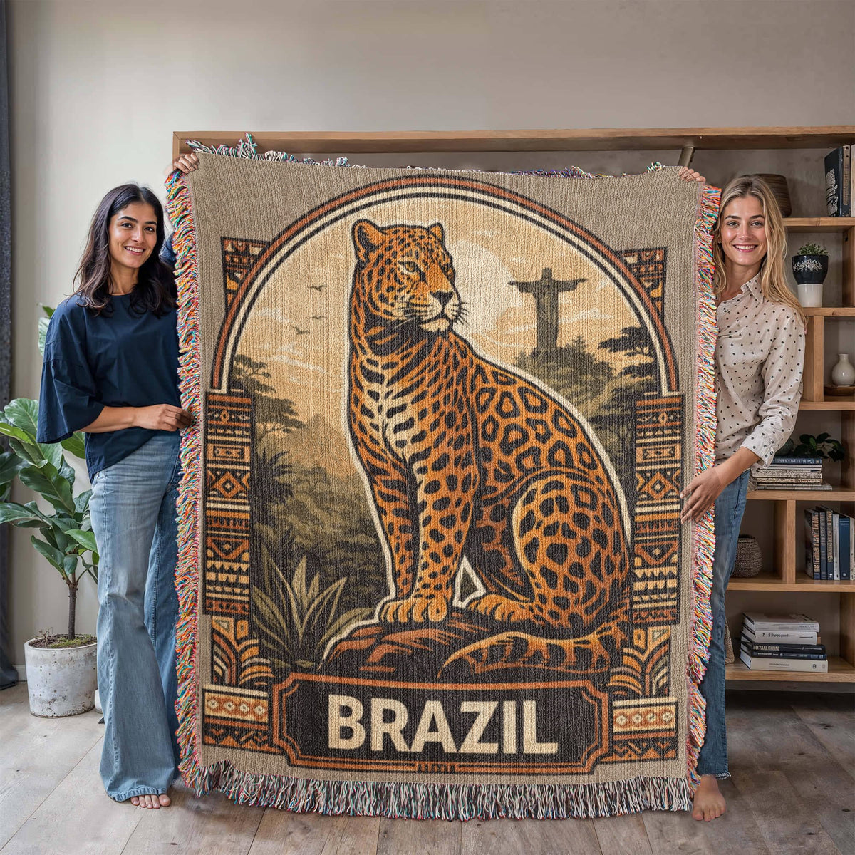 Brazil Jaguar Woven Blanket: Vintage Rio Rainforest Throw final