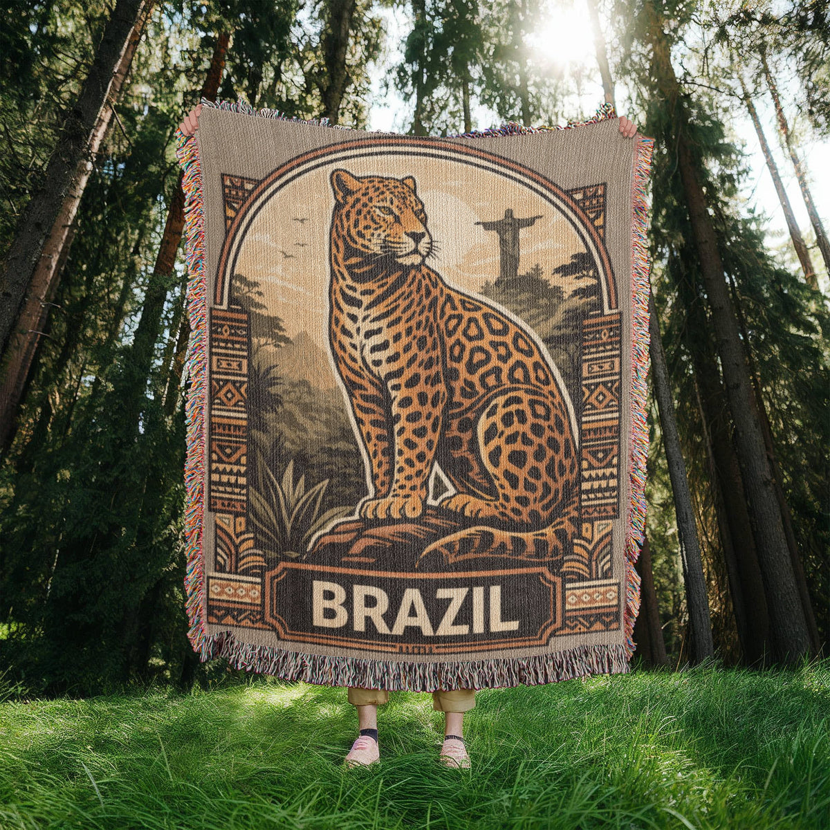 Brazil Jaguar Woven Blanket: Vintage Rio Rainforest Throw final