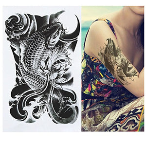 Large Non-Toxic Temporary Tattoos | Set of 6 Fake Tattoos (Skull, Koi Fish, Owl, Rose, Butterfly & Deer) | 6” x 8”  Removable Body Art Tattoos