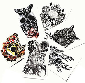 Large Non-Toxic Temporary Tattoos | Set of 6 Fake Tattoos (Skull, Koi Fish, Owl, Rose, Butterfly & Deer) | 6” x 8”  Removable Body Art Tattoos