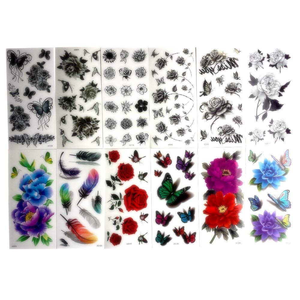 Bright Colorful 3D Flower Temporary Tattoo  (Pack of 12 Sheets)