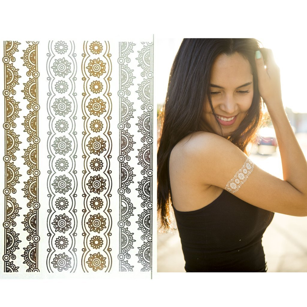 Premium Henna Metallic Tattoos - Gold and Silver - Flash Temporary Bling Tattoo