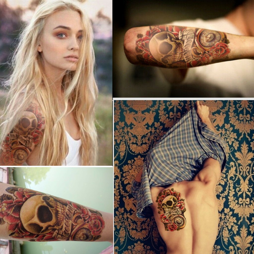 Vintage Floral Skull Temporary Tattoo