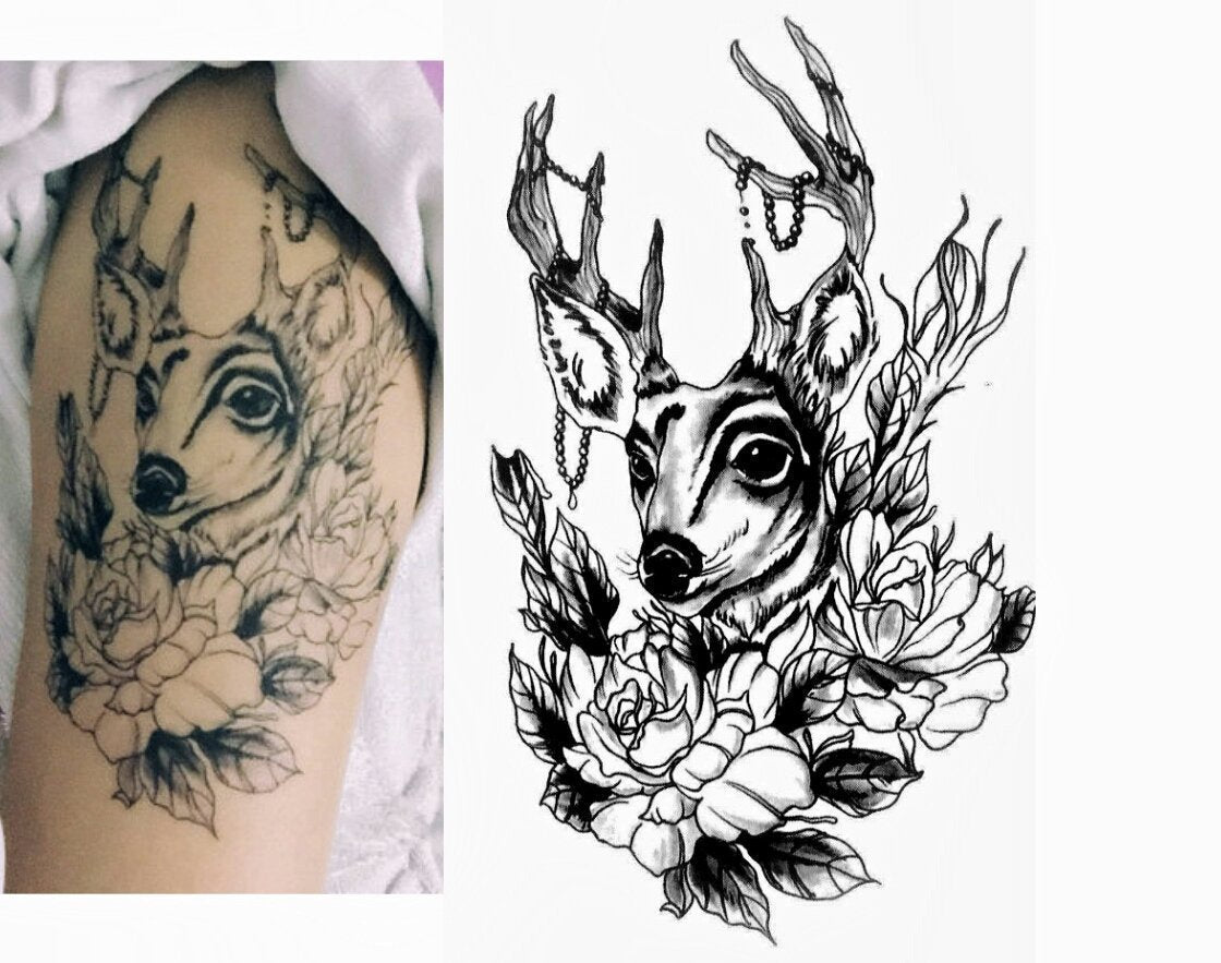 Large Non-Toxic Temporary Tattoos | Set of 6 Fake Tattoos (Skull, Koi Fish, Owl, Rose, Butterfly & Deer) | 6” x 8”  Removable Body Art Tattoos
