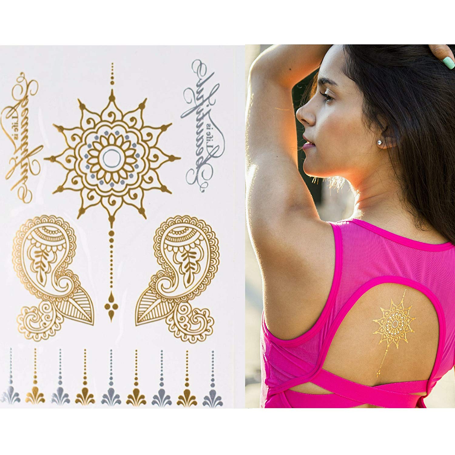 Premium Henna Metallic Tattoos - Gold and Silver - Flash Temporary Bling Tattoo