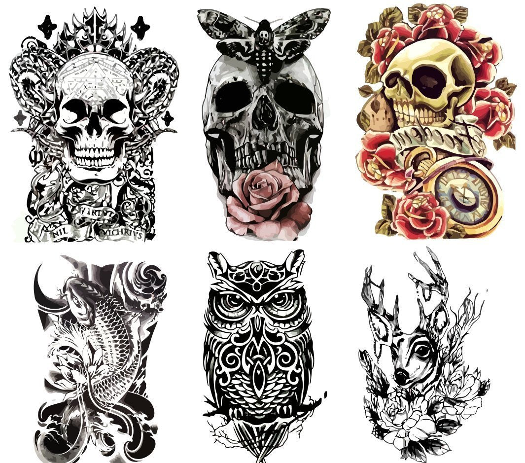 Large Non-Toxic Temporary Tattoos | Set of 6 Fake Tattoos (Skull, Koi Fish, Owl, Rose, Butterfly & Deer) | 6” x 8”  Removable Body Art Tattoos