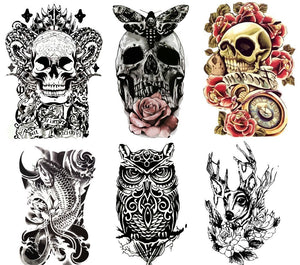 Large Non-Toxic Temporary Tattoos | Set of 6 Fake Tattoos (Skull, Koi Fish, Owl, Rose, Butterfly & Deer) | 6” x 8”  Removable Body Art Tattoos