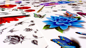 Bright Colorful 3D Flower Temporary Tattoo  (Pack of 12 Sheets)