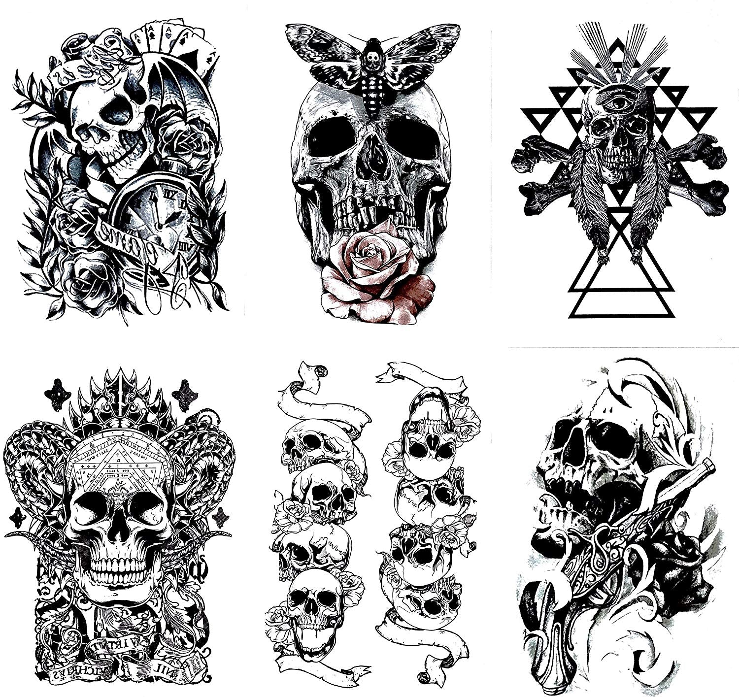 Gilded Girl Skull & Skeleton Pirate Tattoos (Set of 6) Body Art for Men & Women Waterproof Large Arm Temporary Tattoo