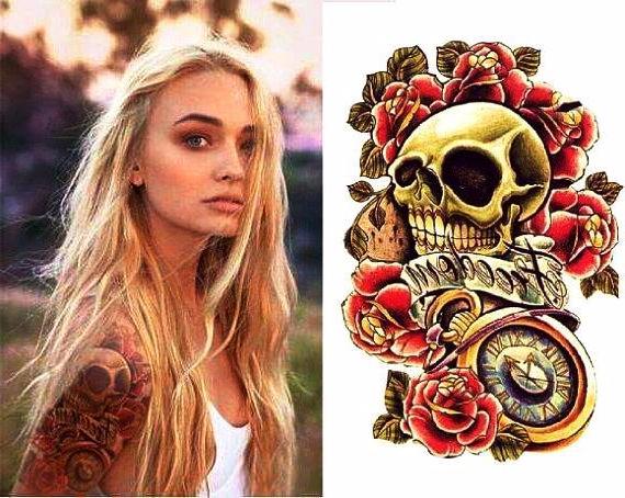 Vintage Floral Skull Temporary Tattoo