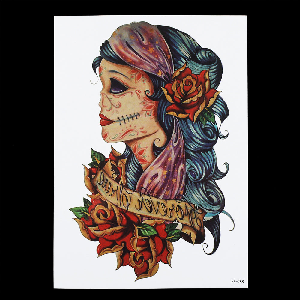 Vintage  Large Temporary Tattoo Skull Roses [Color]