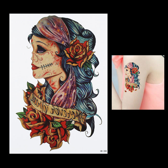 Vintage  Large Temporary Tattoo Skull Roses [Color]