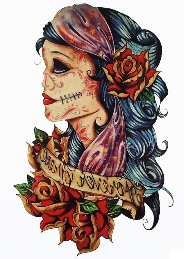 Vintage  Large Temporary Tattoo Skull Roses [Color]