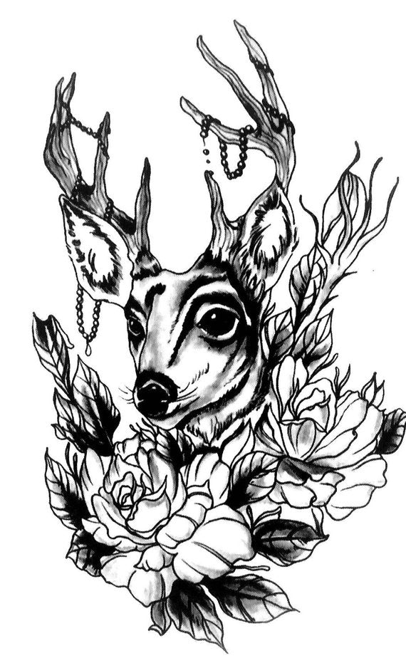 Deer Black ink Temporary Tattoo Flowers Realistic Tattoo