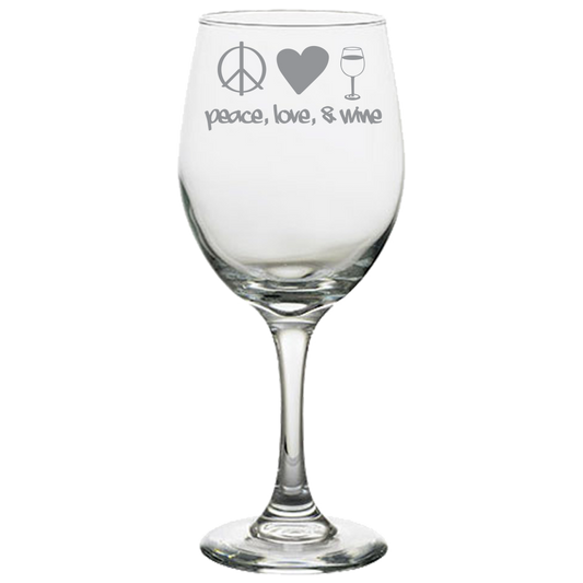 White Wine Glass "Peace, Love, Wine"