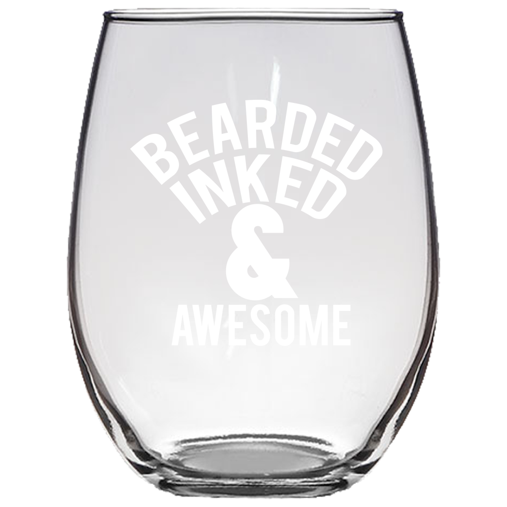 Bearded Inked & Awesome Stemless Wine Glass Laser Etched
