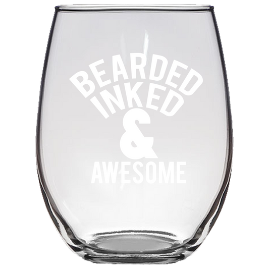 Bearded Inked & Awesome Stemless Wine Glass Laser Etched