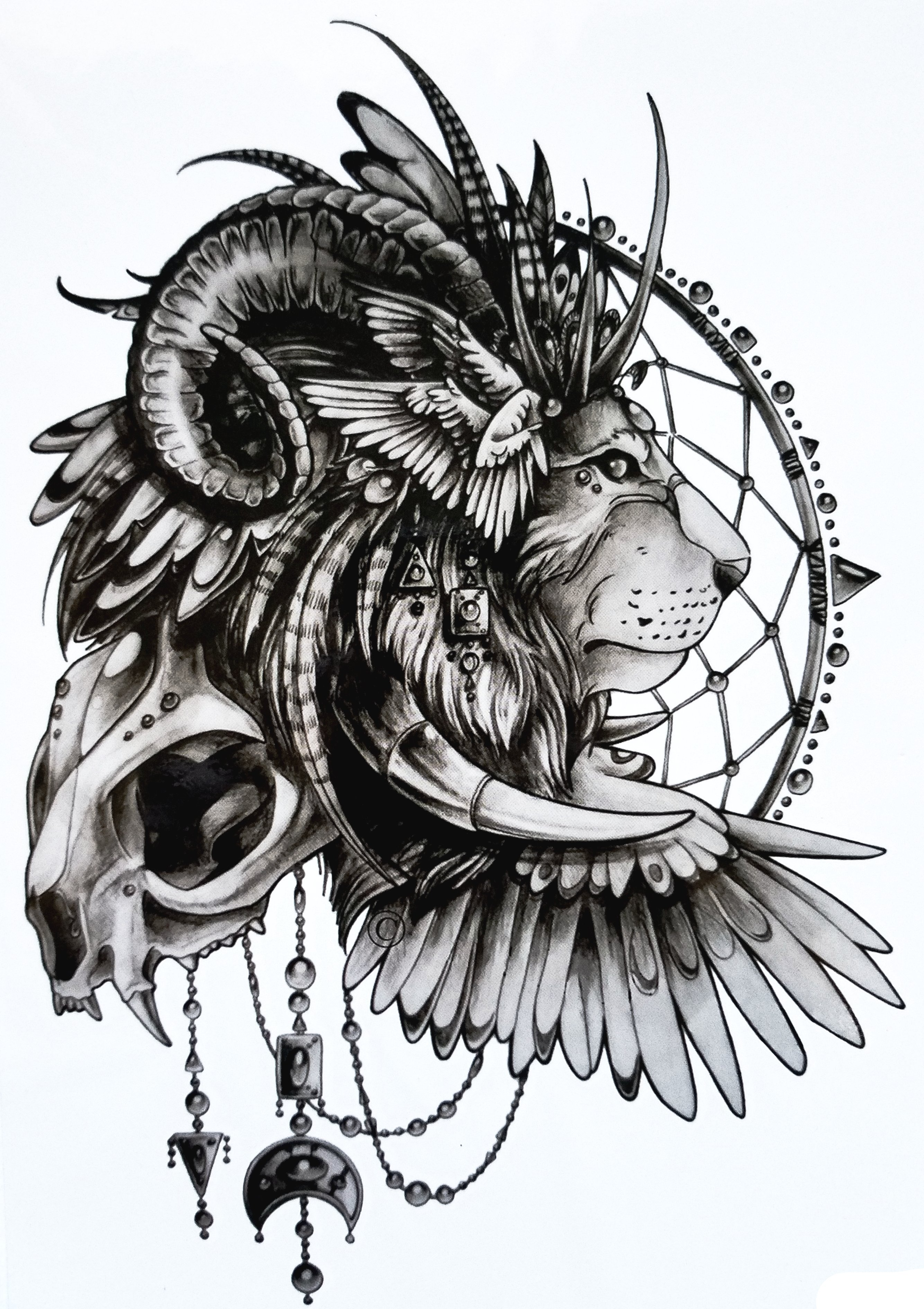 Lion Dreamcatcher Temporary Tattoo  Black Large for Men and Women