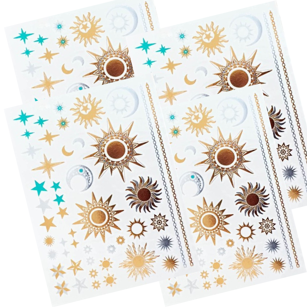 Set of 4 Metallic Temporary Tattoos in Gold Silver and Turquoise